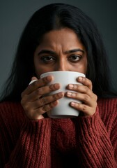 Pensive young woman sipping hot beverage in cozy sweater