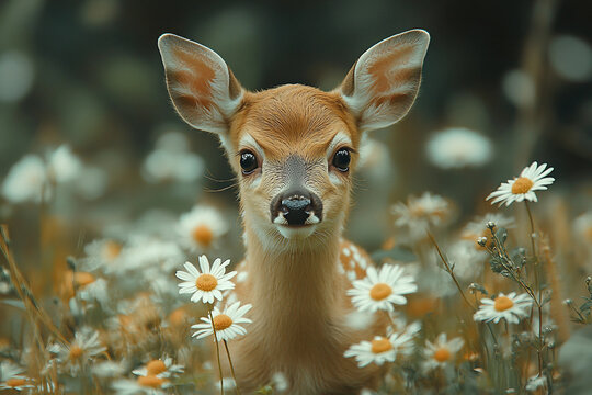 Close-Up Generative AI Image of a Young Fawn in a Meadow Surrounded by Wildflowers and Natural Spring Scenery