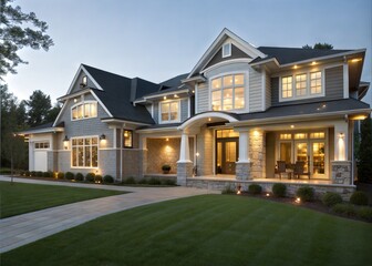 Obraz premium Luxury Suburban Home Evening Exterior Architectural Design Landscape