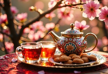 Fototapeta premium Traditional tea set with cookies surrounded by blooming flowers