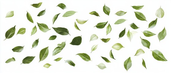 Elegant scattered green leaves on white background creating a fresh and natural pattern ideal for spring summer design and botanical themes