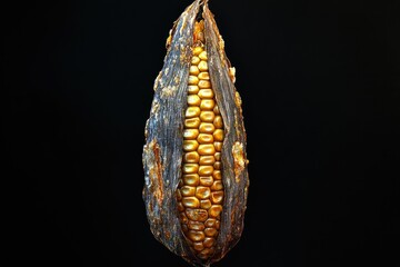 Fototapeta premium A partially opened ear of corn with dry, dark husks reveals golden kernels against a transparent background.