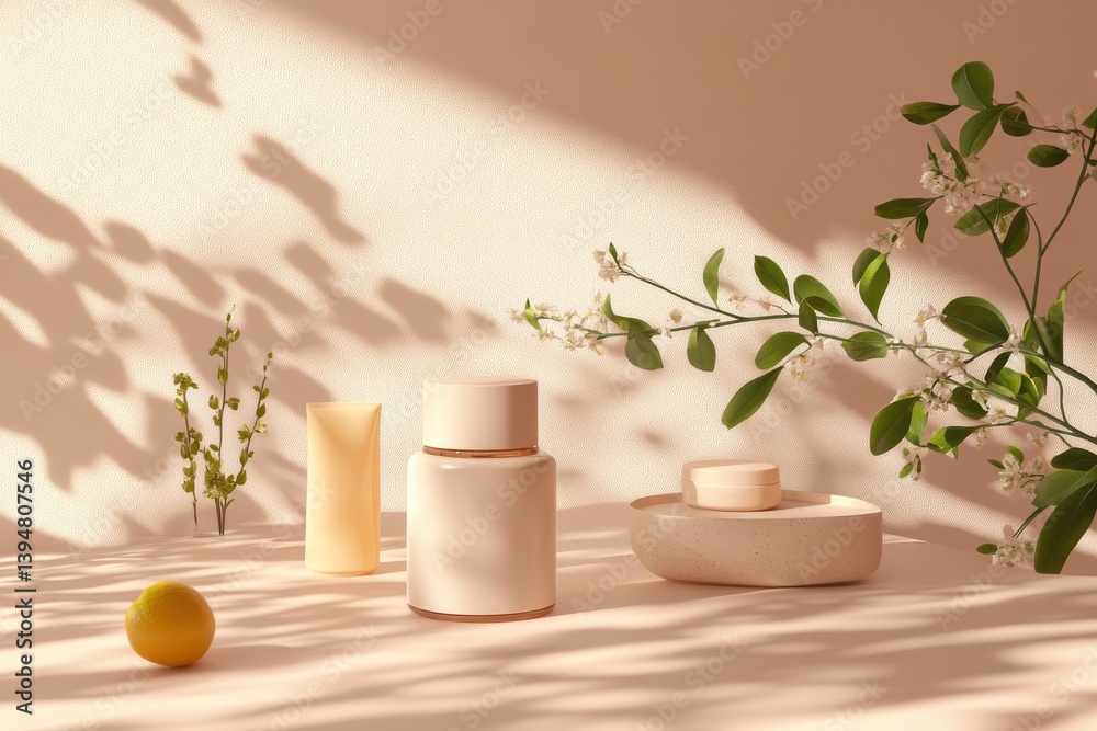 Poster natural light bathes a minimalist display of skincare products and a small lemon on a soft surface s