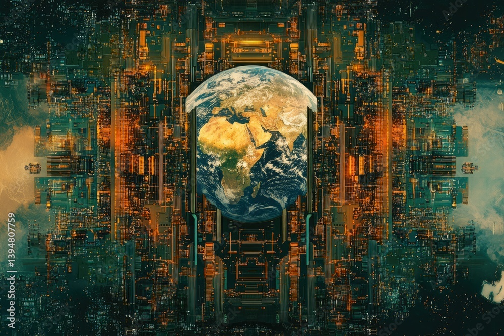 Poster Earth encased within a complex technological circuit board, symbolizing global interconnectedness and digital transformation.