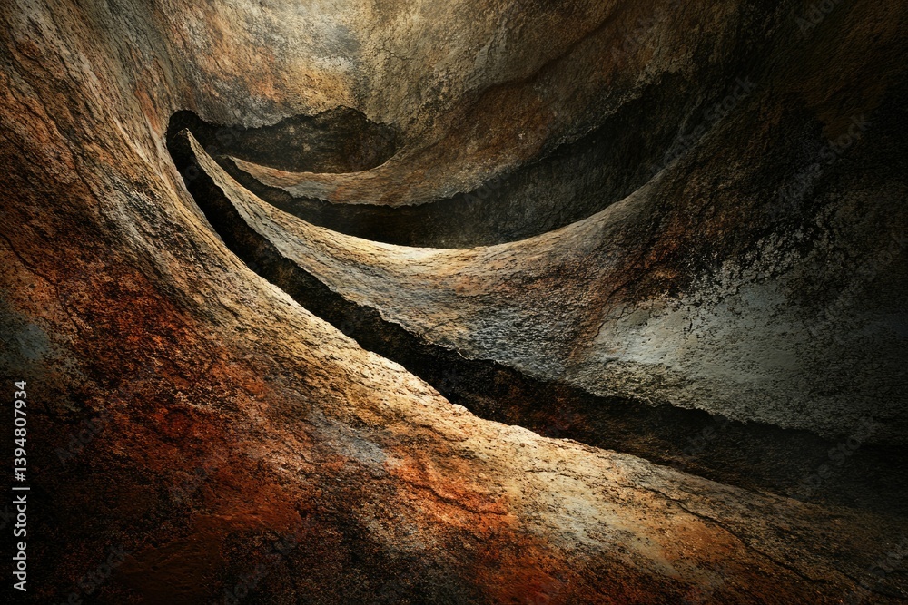 Aufkleber abstract image depicting a swirling, textured rock formation with earthy tones and deep shadows.