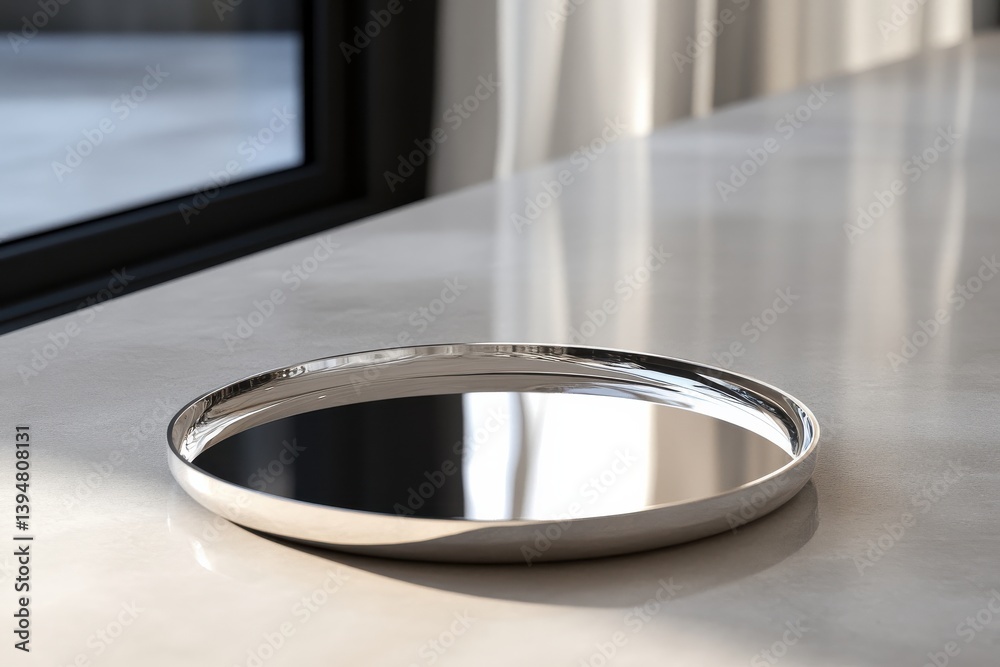 Poster Reflective silver tray resting on a countertop near a large window with soft natural light in a contemporary interior space