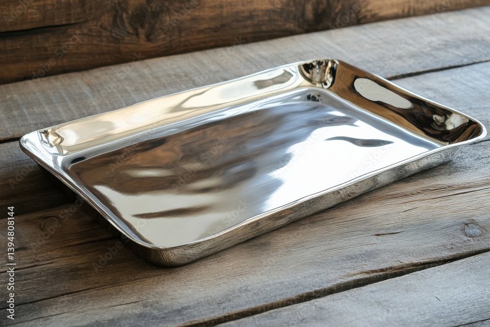 Poster shiny metal tray on wooden surface with rustic background