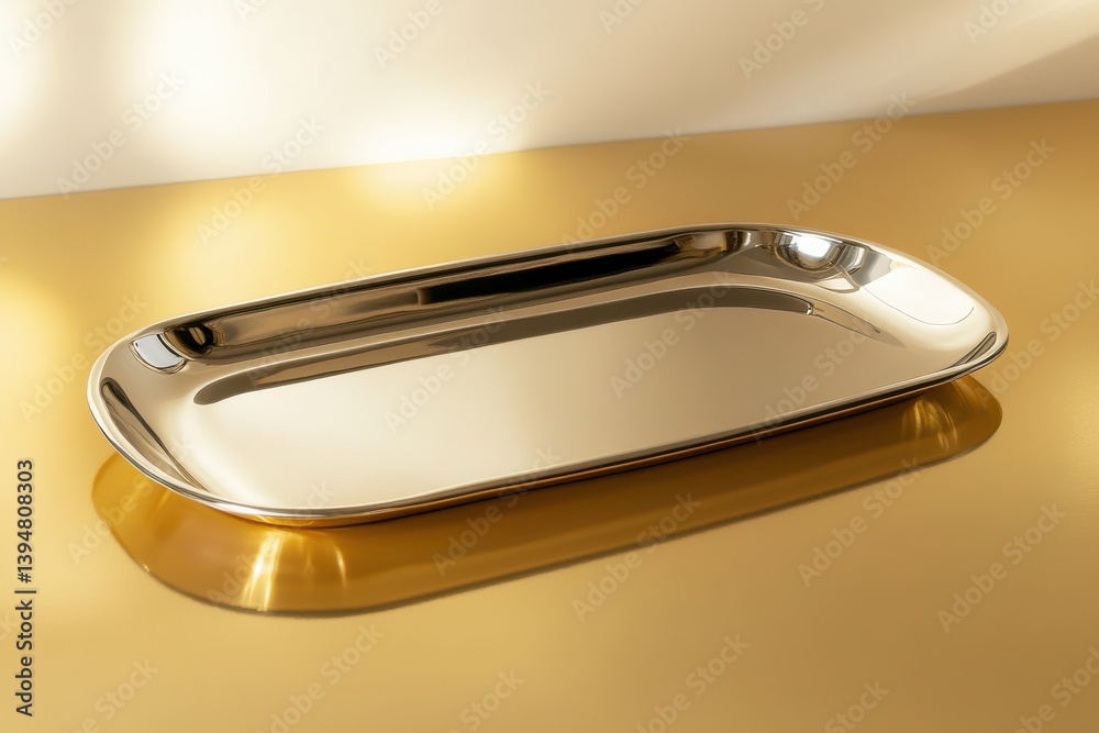 Poster elegant metallic tray on a golden surface reflecting soft light