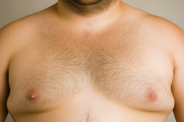 Overweight male breasts with chest hair and gynecomastia. Man boobs or moobs.