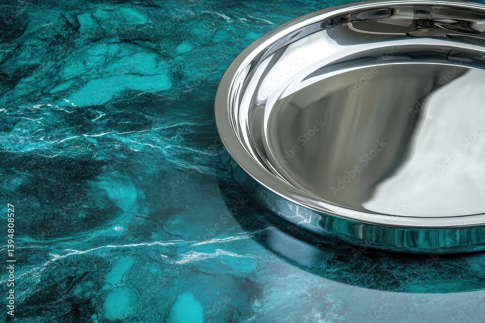 Poster shiny metal tray rests on a textured turquoise surface reflecting light in a contemporary setting