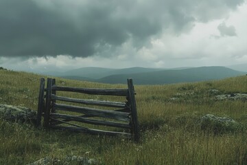 Fototapeta premium Lonely Wooden Fence on Grassy Hill Under Stormy Sky