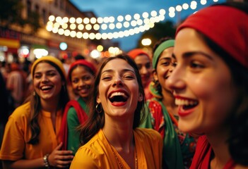 Naklejka premium Joyful women celebrating together during a vibrant festival night