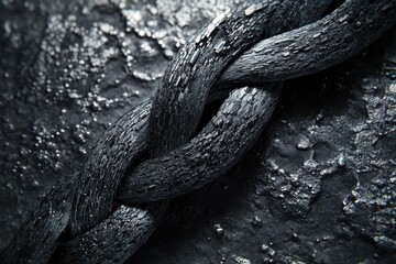 A close-up of a dark braided texture resembling coal or hair, resting on a rough, dark surface.