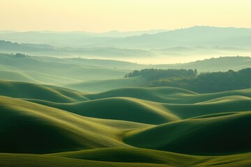Fototapeta premium Rolling green hills bathed in morning mist, creating a serene and picturesque landscape.