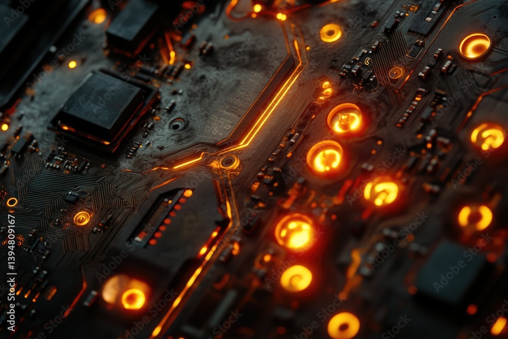 Poster close-up of a futuristic circuit board with glowing orange accents, showcasing intricate technologic