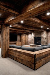 Rustic stone fireplace dominates a spacious, finished basement rec room - rec relaxation gathering retreat basement