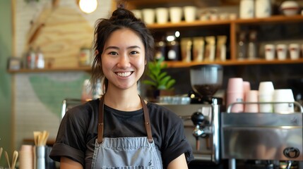 Cheerful Asian barista wearing apron standing in modern cafe and looking at camera. Small business owner.