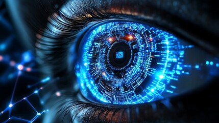 Close-up of a human eye with intricate digital patterns and glowing blue circuitry symbolizing advanced technology, artificial intelligence and data visualization