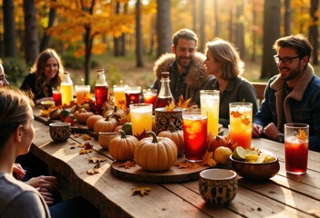 Autumn gathering with friends enjoying drinks and pumpkins in a forest