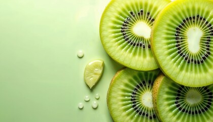 Several fresh kiwi slices arranged on a green background. Also scattered on the slices are a few drops of liquid, possibly kiwi juice