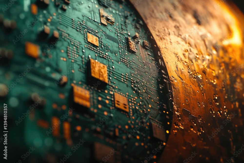 Aufkleber Close-up of a circuit board's intricate design, showcasing its complex electronic components and pathways.