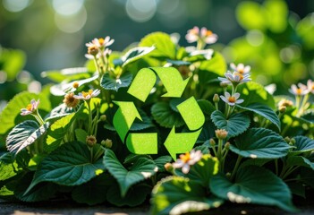 Obraz premium Green recycling symbol surrounded by vibrant flowers and lush leaves
