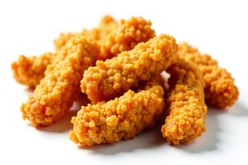 Crispy fried chicken strips, isolated on white , close up, overhead