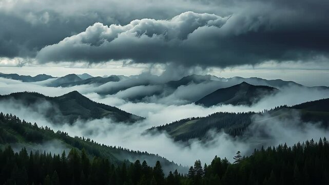 Dramatic view of misty mountain ranges covered in dense fog with heavy dark storm clouds rolling above a pine forest under moody skies

