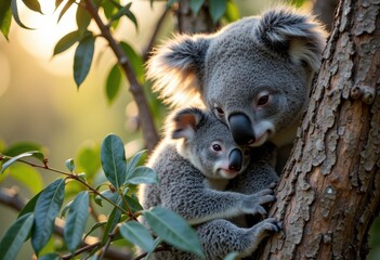 Fototapeta premium A tender moment between a mother koala and her baby in a tree