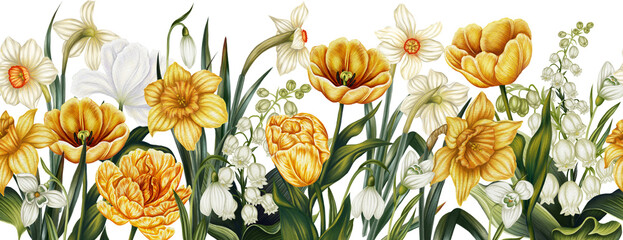 Seamless horizontal pattern with spring flowers. Watercolor tulips, snowdrops, lily of the valley, daffodils. Bloom garden banner. Print card with primroses. Floral border in yellow and white tones