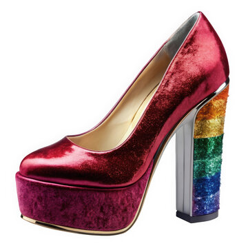 A striking red velvet high heel with a colorful glittery rainbow heel, perfect for making a bold fashion statement at any event.