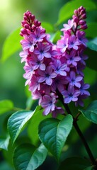 Vibrant purple lilac blossoms, lush green leaves , botanical, flora, bush