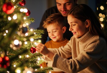 Family decorating a Christmas tree with ornaments and lights