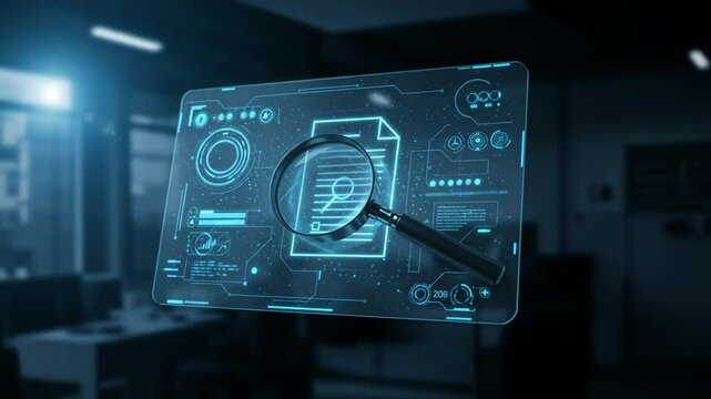 Digital interface with magnifying glass analyzing data and documents in virtual screen. Concept of cybersecurity, data search, analytics, and artificial intelligence in tech environments.