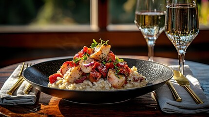 Seafood risotto presented beautifully with wine glasses on a rustic table