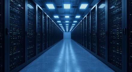 Fototapeta premium A Futuristic Data Center Aisle With Illuminated Server Racks Blue Led Indicators Polished Concrete Floor Reflecting Light