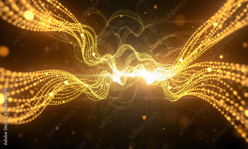 Poster mesmerizing abstract background featuring flowing golden waves and glowing particles, creating sense