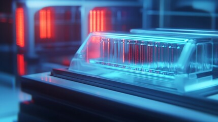 Close-up view of illuminated vials in a scientific laboratory, showcasing advanced technology and neon blue and red lights