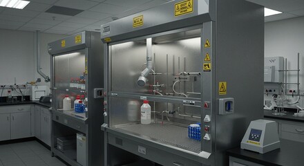 A Clean Laboratory Fume Hood With Neatly Labeled Chemical Bottles Safety Signage And Stainless Steel Surfaces