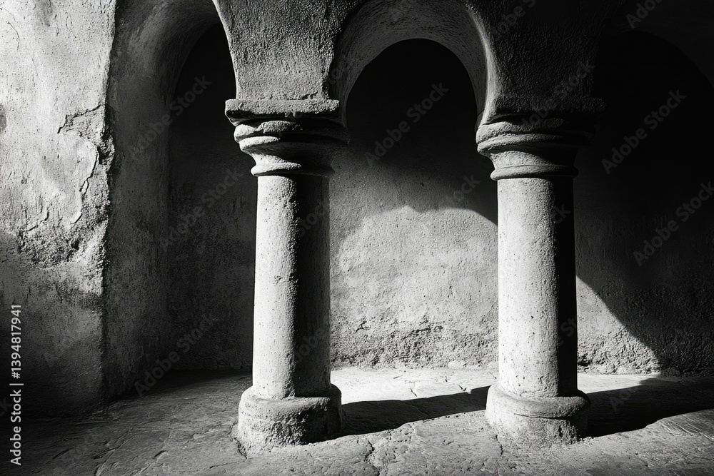 Aufkleber two ancient stone columns stand in a dimly lit arched hallway, casting shadows on the rough-hewn wal