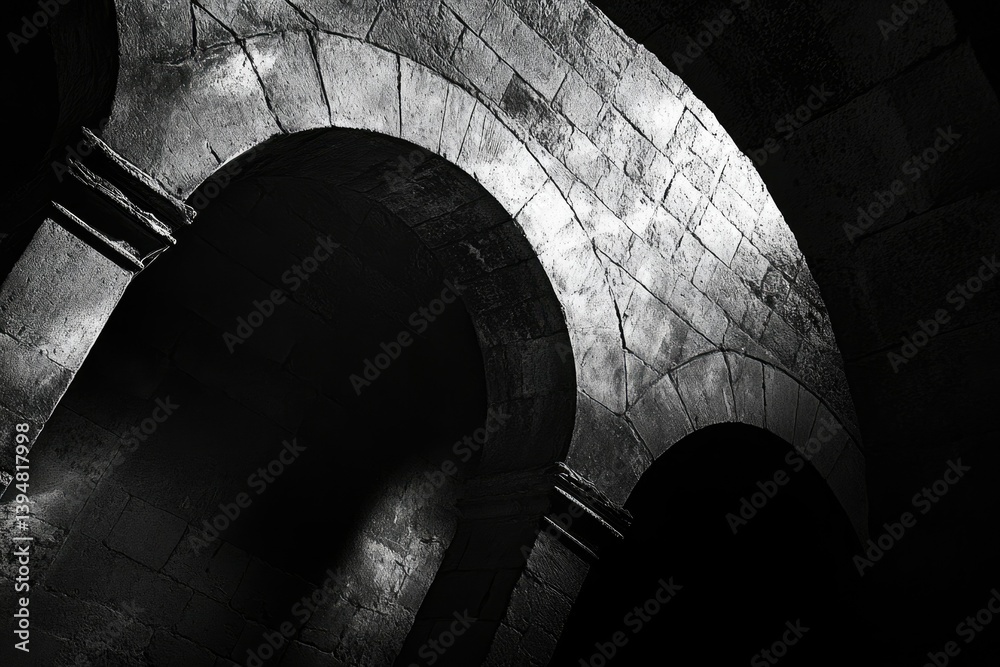 Aufkleber black and white photo of stone arches in a dark, mysterious space, creating a dramatic architectural
