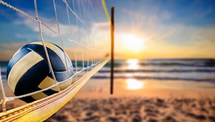 Beach Volleyball in sand and summer sun Game ball net under sunlight and blue sky on sea coastline Beach sports Fitness and recreational activities in vacation and holiday concept with Copy Space