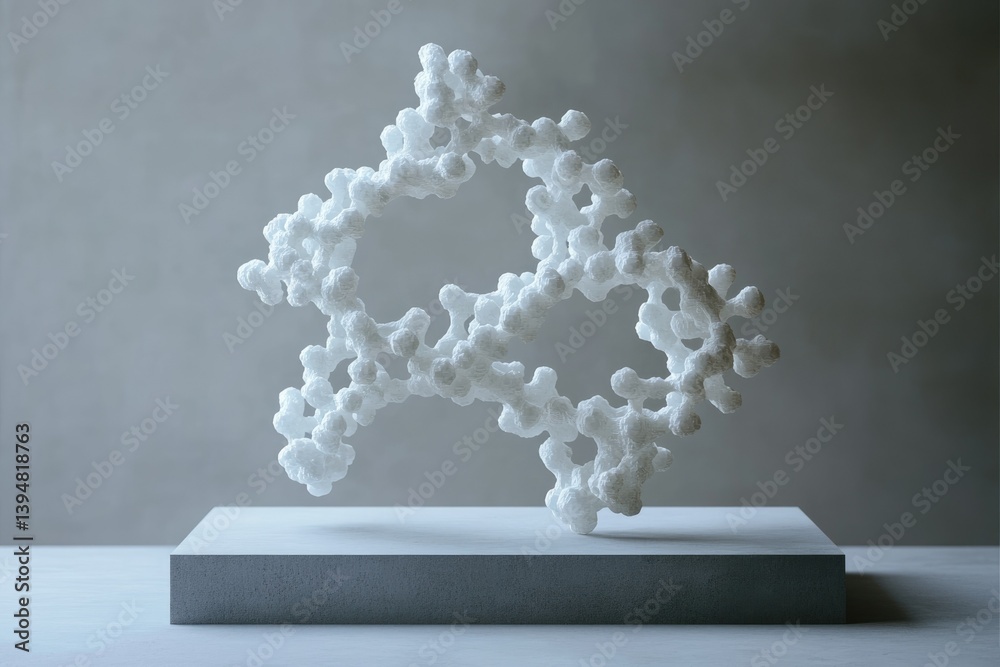 Poster a 3d rendering of a complex molecule, possibly a protein or other biomolecule, shown on a minimalist