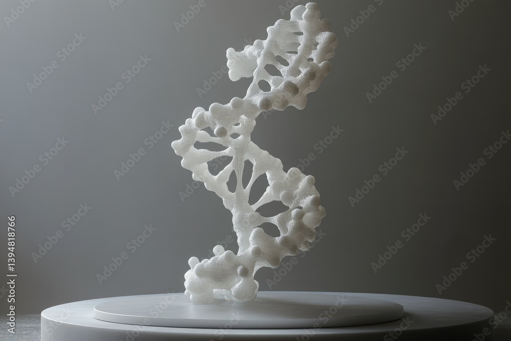 Poster a 3d-printed, white sculpture resembling a dna double helix, intricately detailed and displayed on a