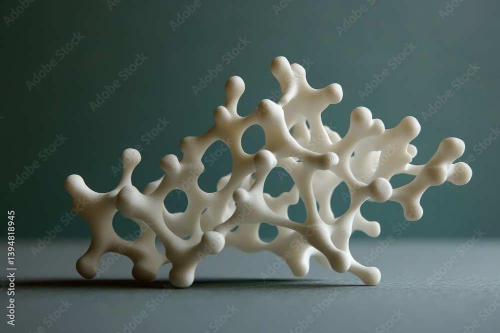 Poster abstract white sculpture, intricate network of interconnected nodes, resembling a complex molecule o