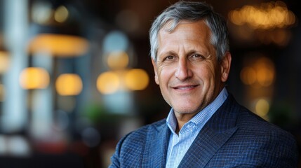 Fototapeta premium Smiling man in blazer, against blurred indoor backdrop with warm light