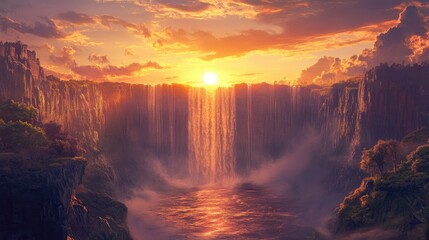 Fototapeta premium Majestic Waterfall Bathed in the Golden Glow of Sunset