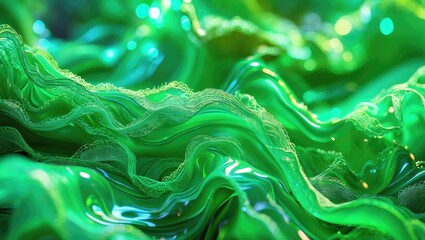 Vibrant green lace fabric with translucent patterns and gentle waves forms a graceful and stylish texture.