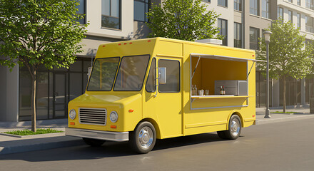 Obraz premium Vibrant Yellow Food Truck Parked on Sunny City Street Ready for Business