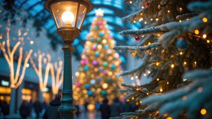 Naklejka premium Celebrate the festive season through this vibrant image of a splendidly decorated tree in a crowded shopping center.